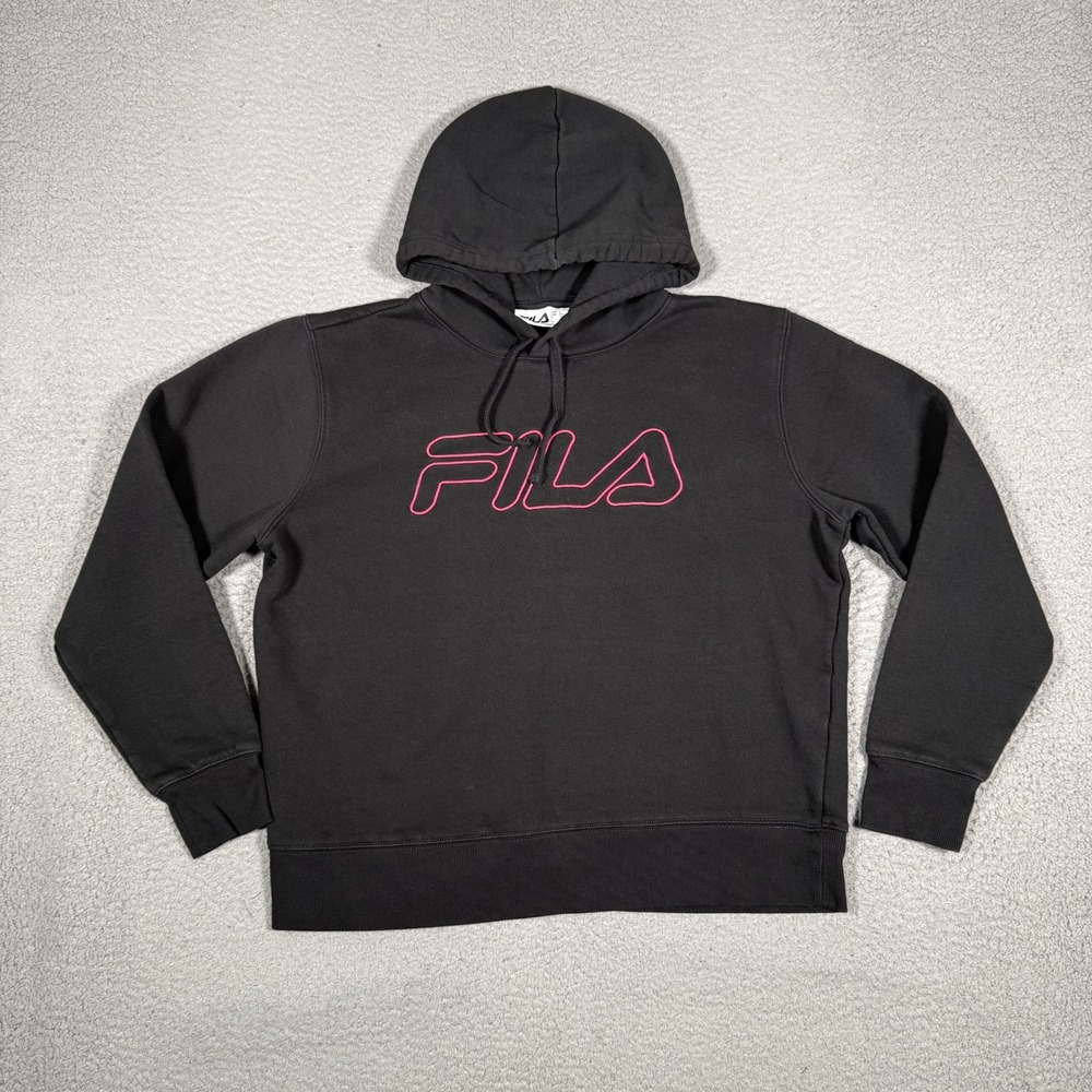 FILA Hoodie Womens Large Black Pullover Sweatshirt Spellout Outdoor Preppy Logo